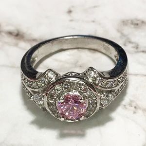 Sterling Silver Halo Pink Circle Stone Ring